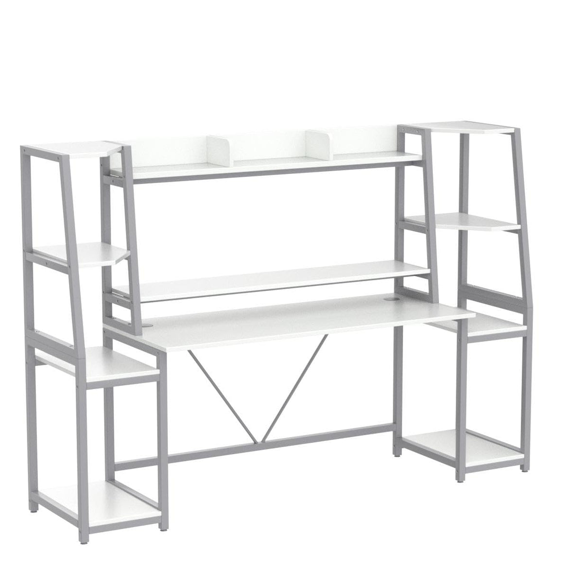 79'' White Gaming Desk with LED Lights and Storage Shelves A53628