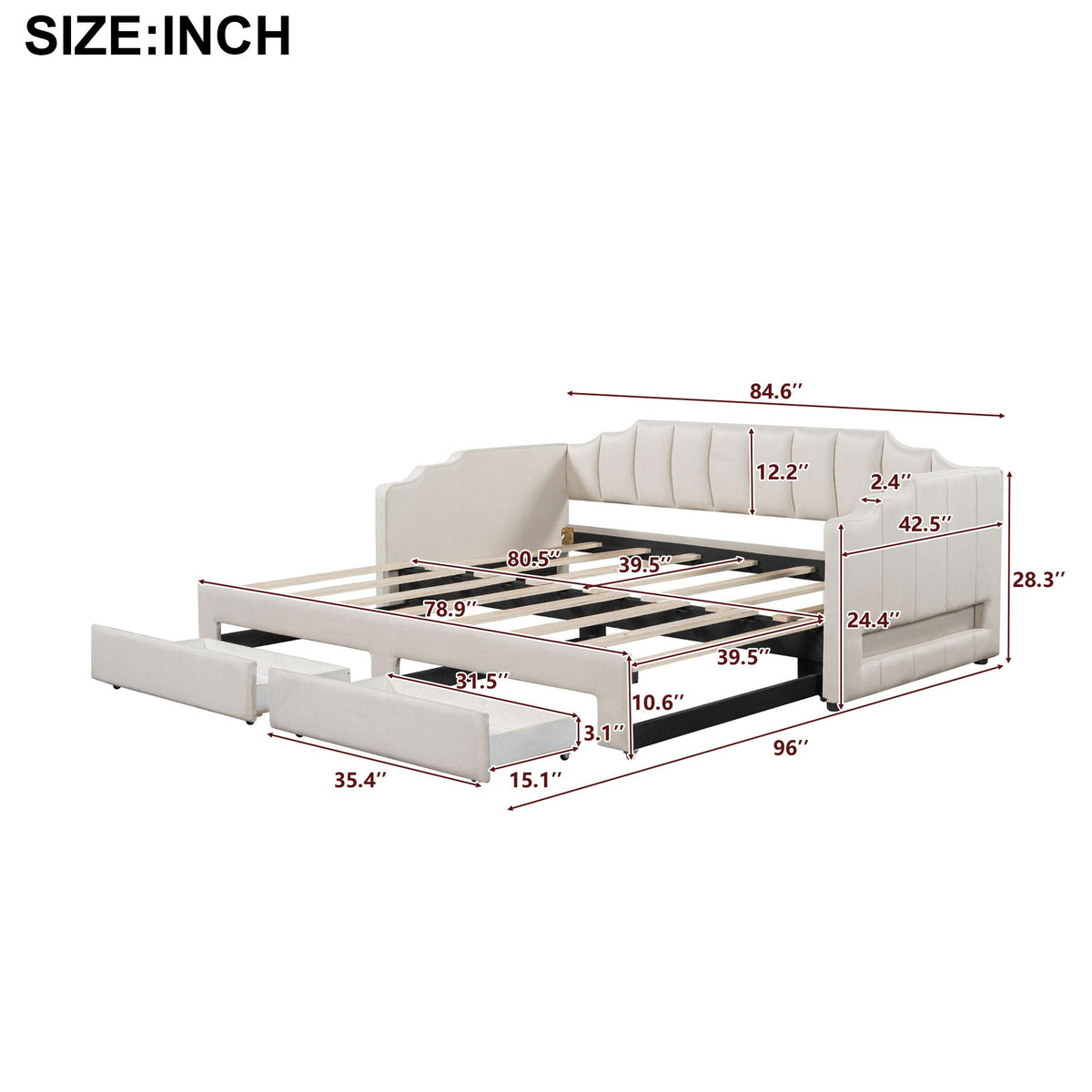 Linen Upholstered Daybed with Trundle and 2 Storage Drawers X34572