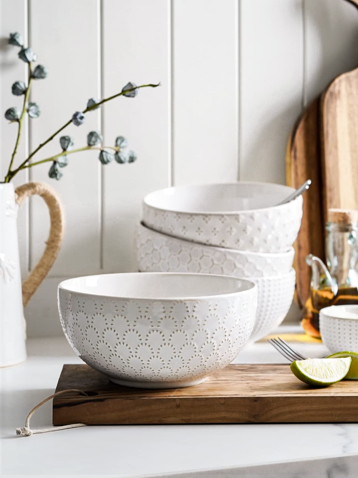 Ceramic Soup Bowl Set, 42 OZ, 7 Inch, Set of 4, Arctic White H178