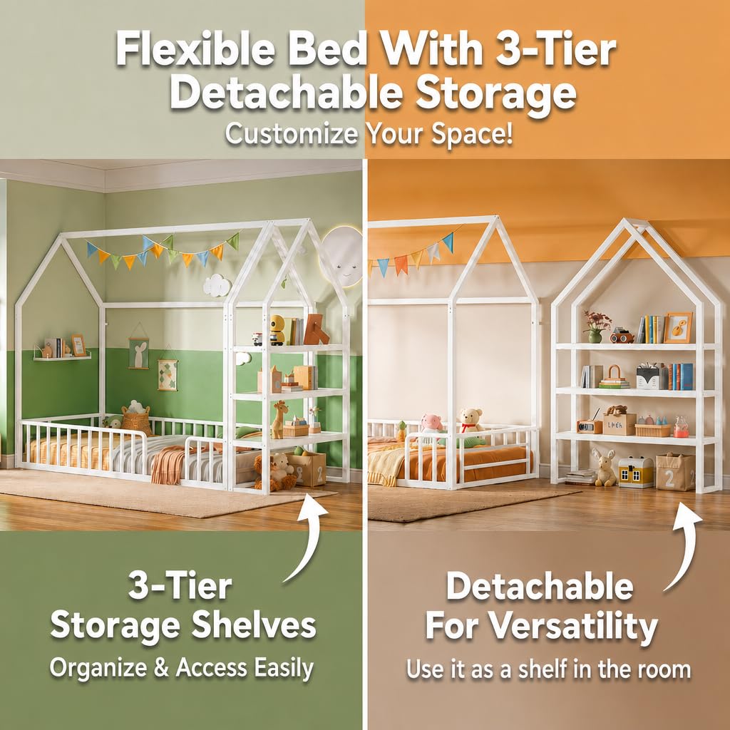 Twin White Metal Floor Bed with 3-Tier Shelves X36488