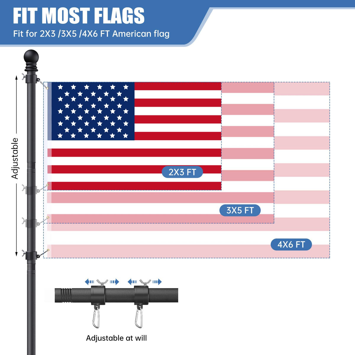 6FT Heavy Duty Tangle Free Steel Flag Pole Kit with 3x5 USA Flag A617
