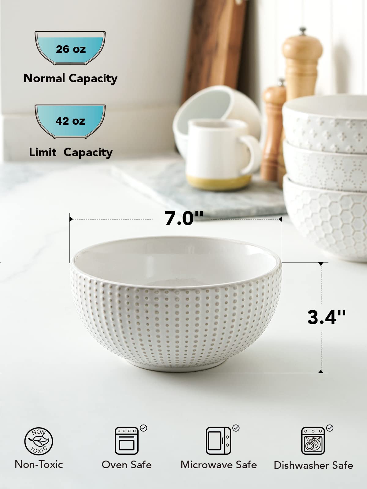 Ceramic Soup Bowl Set, 42 OZ, 7 Inch, Set of 4, Arctic White H178