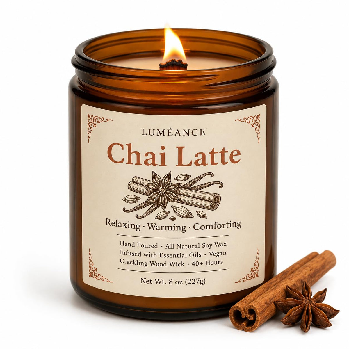 Chai Latte Scented Candle, 8 oz, Soy Wax, Crackling Wood Wick I6376