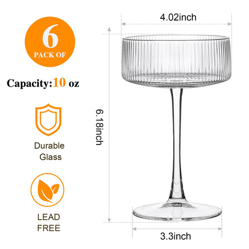 10 oz Ribbed Coupe Glasses Set of 6 Q87258