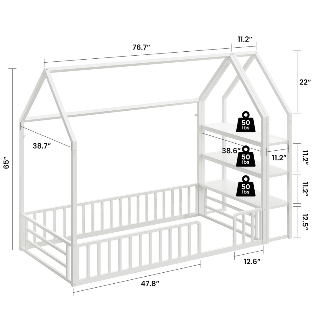 Twin White Metal Floor Bed with 3-Tier Shelves X36488