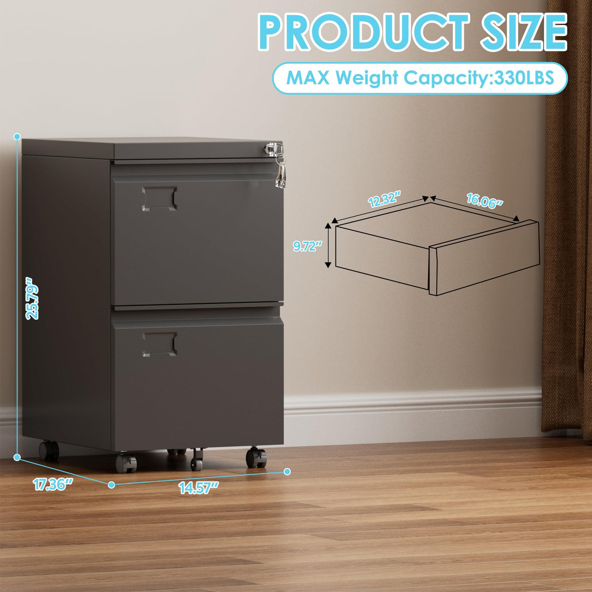 2 Drawer Black Metal File Cabinet with Lock K830603