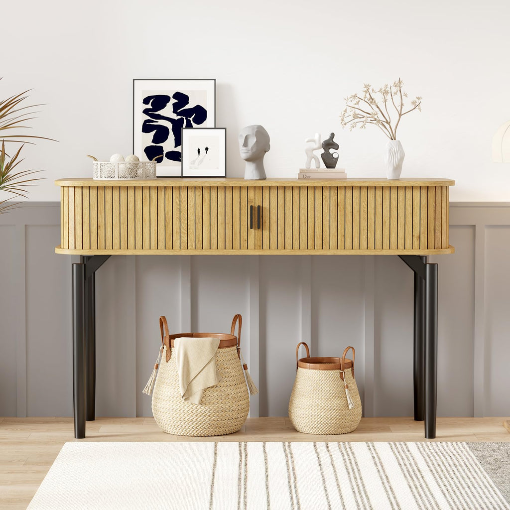 47" Fluted Narrow Console Table with 2 Drawers & Sliding Door F910