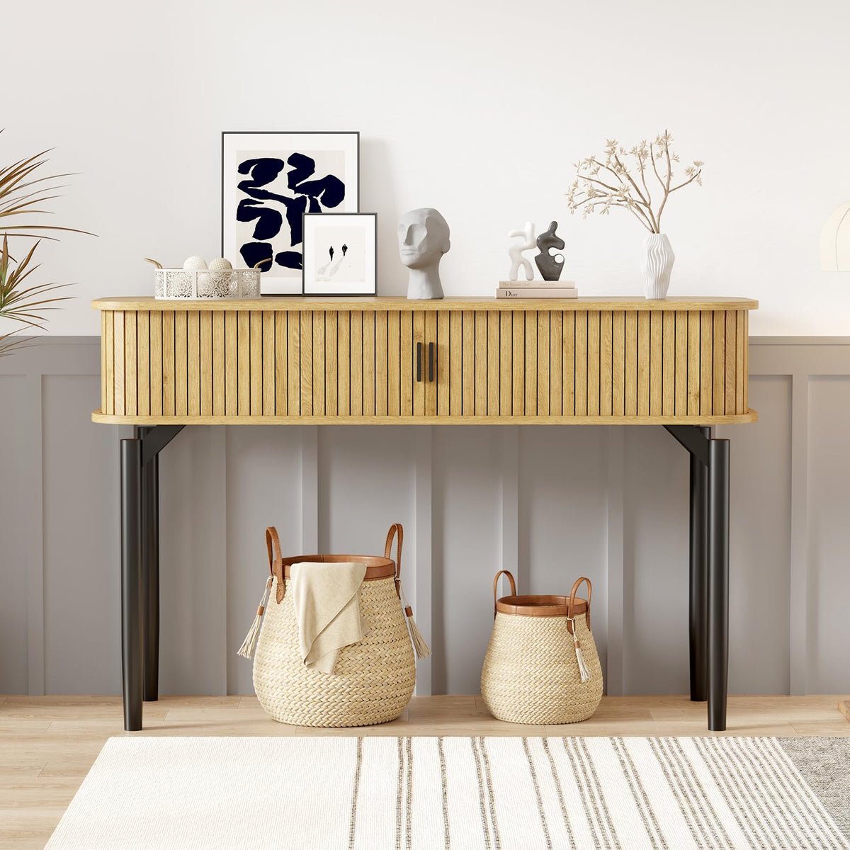 47" Fluted Narrow Console Table with 2 Drawers & Sliding Door F910