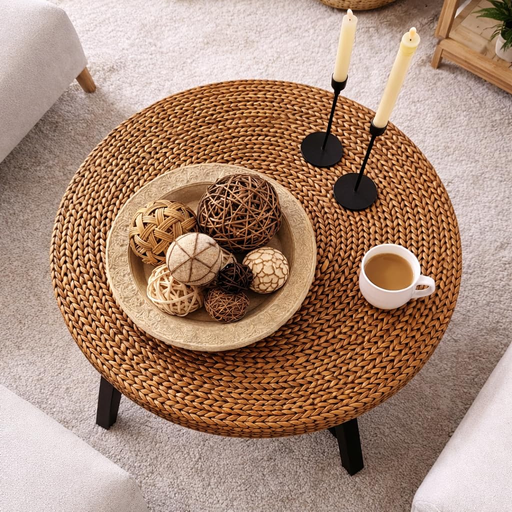 32 Inch Round Handwoven Seagrass Coffee Table with Pine Wood X Base P2482