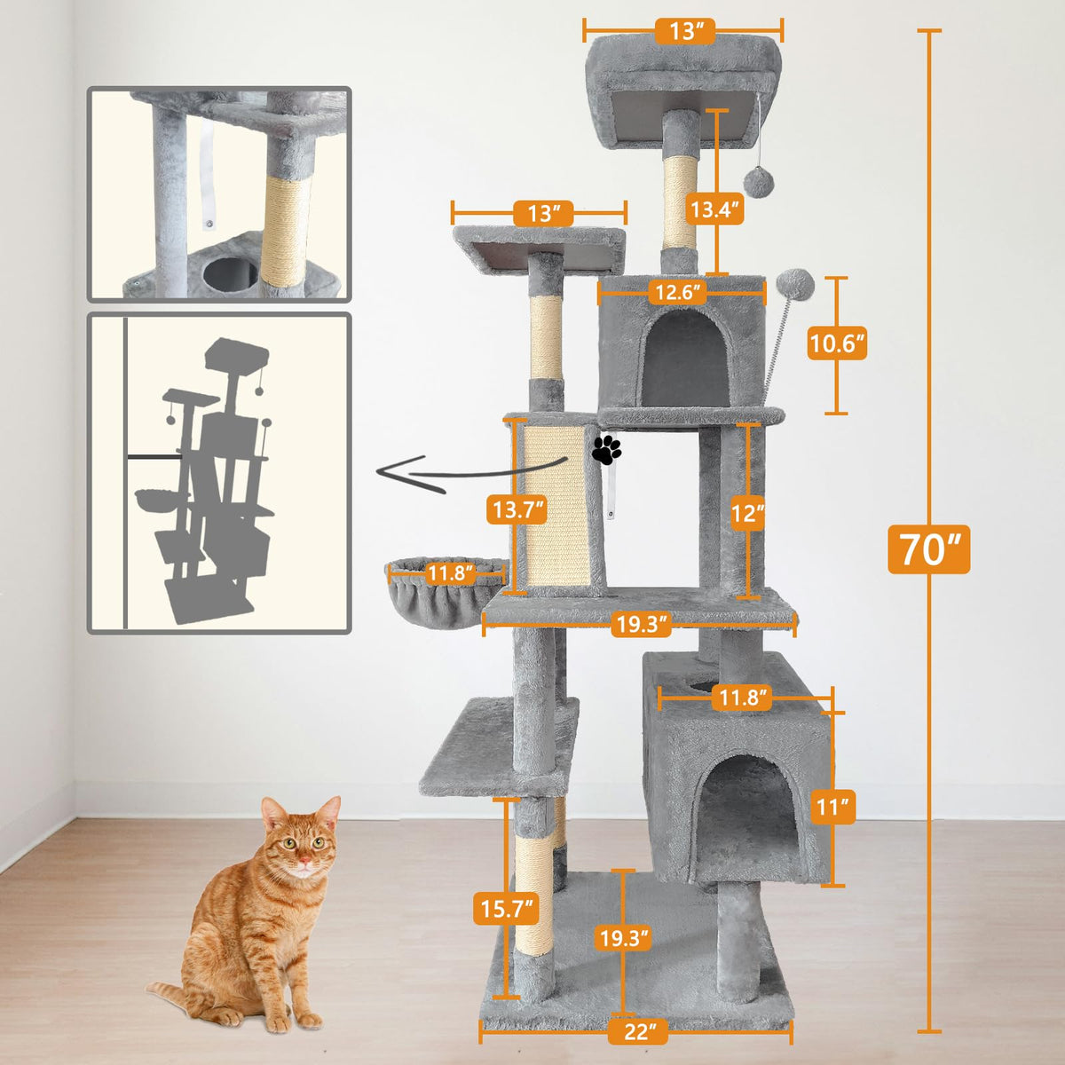 70" Light Gray Cat Tree Tower with Sisal Scratching Post K19352