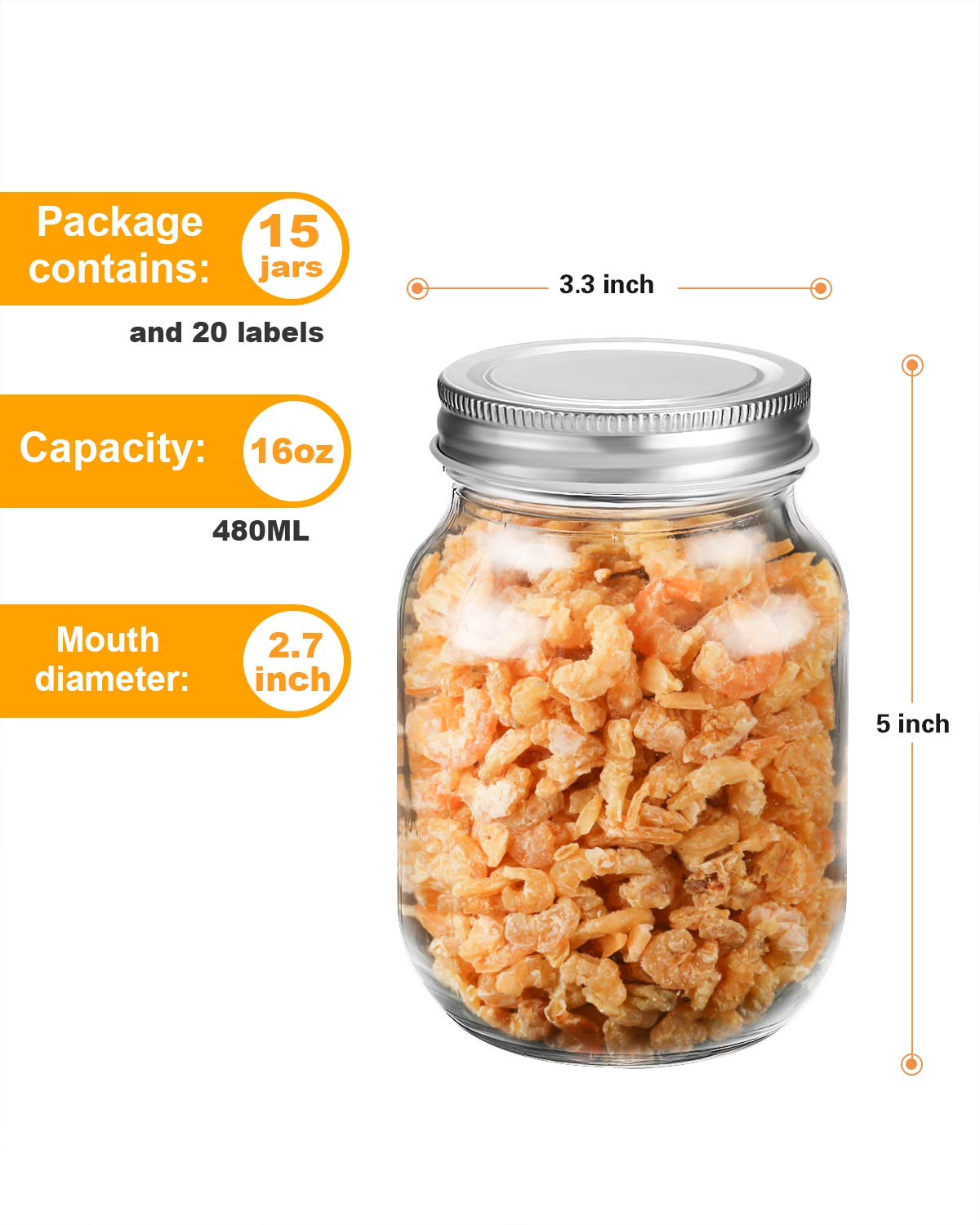 16 oz Mason Jars with Silver Lids 15 Pack U449395