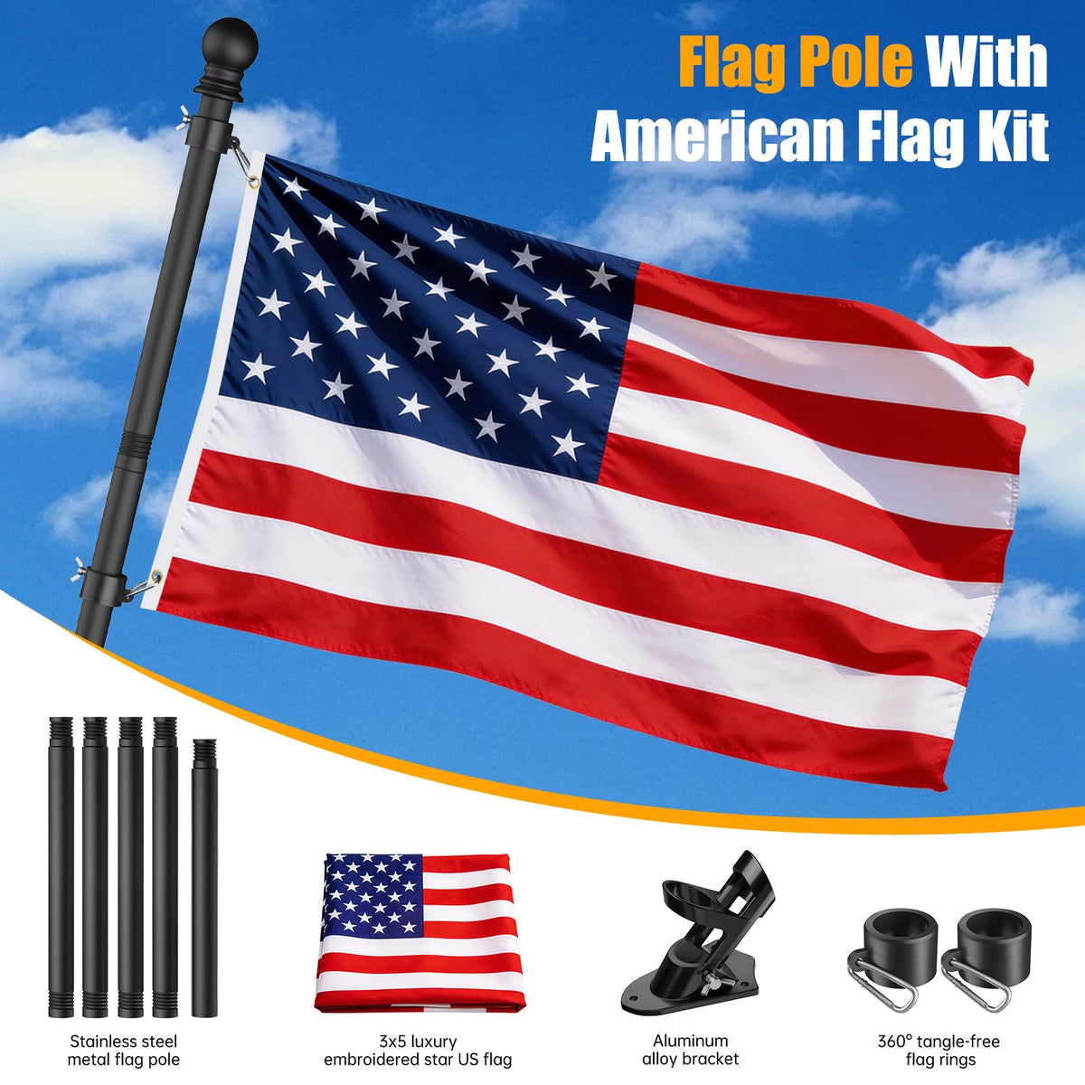 6FT Heavy Duty Tangle Free Steel Flag Pole Kit with 3x5 USA Flag A617