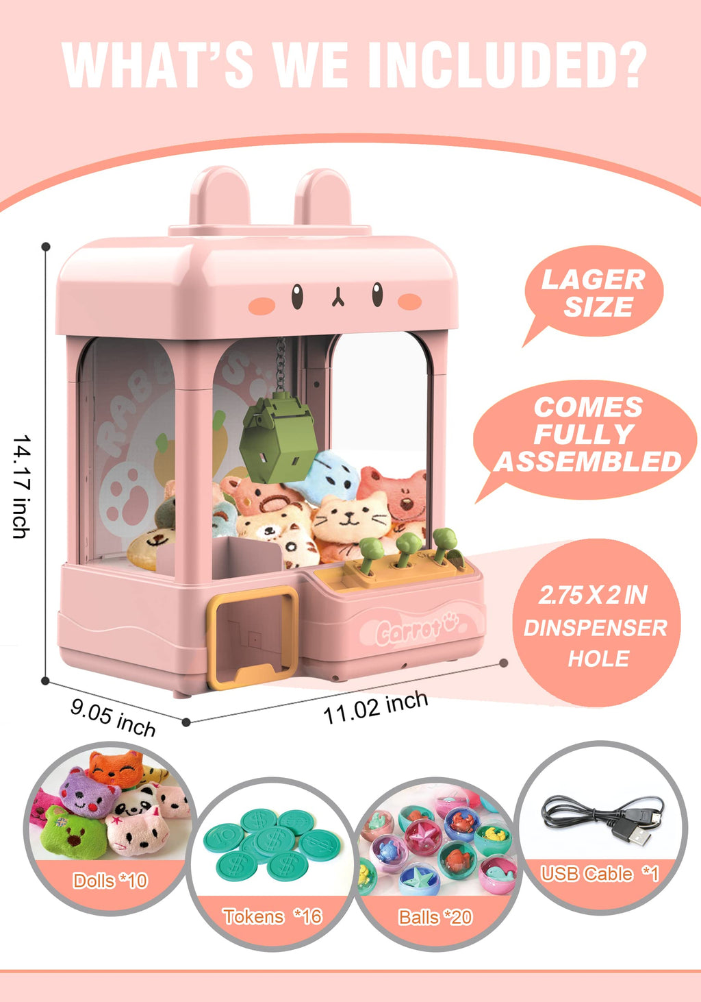 Large Claw Machine with Prizes, Adjustable Sound & Light, Mini Vending Machine, Electronic Arcade Crane Game, Candy Dispenser Toy R791456