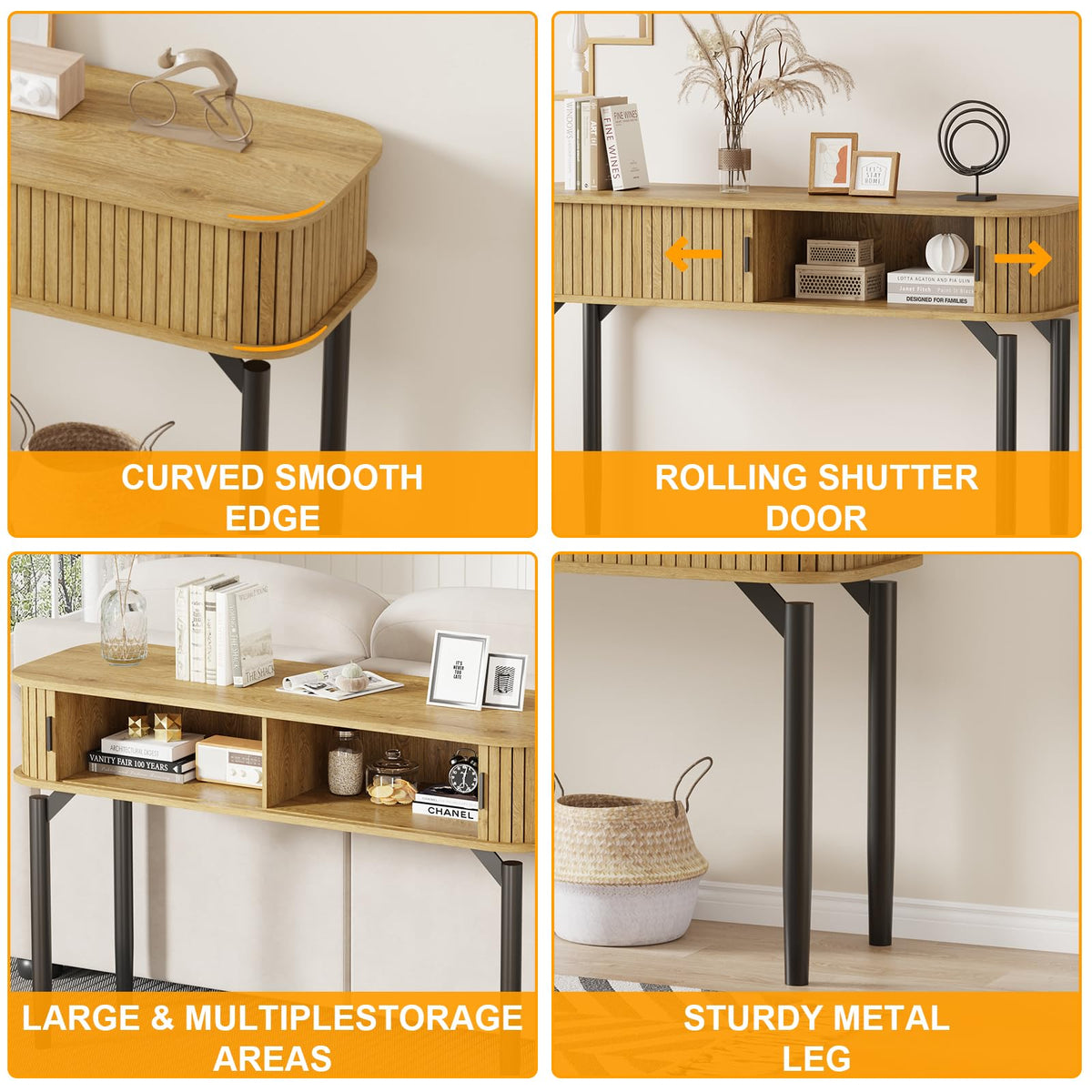 47" Fluted Narrow Console Table with 2 Drawers & Sliding Door F910
