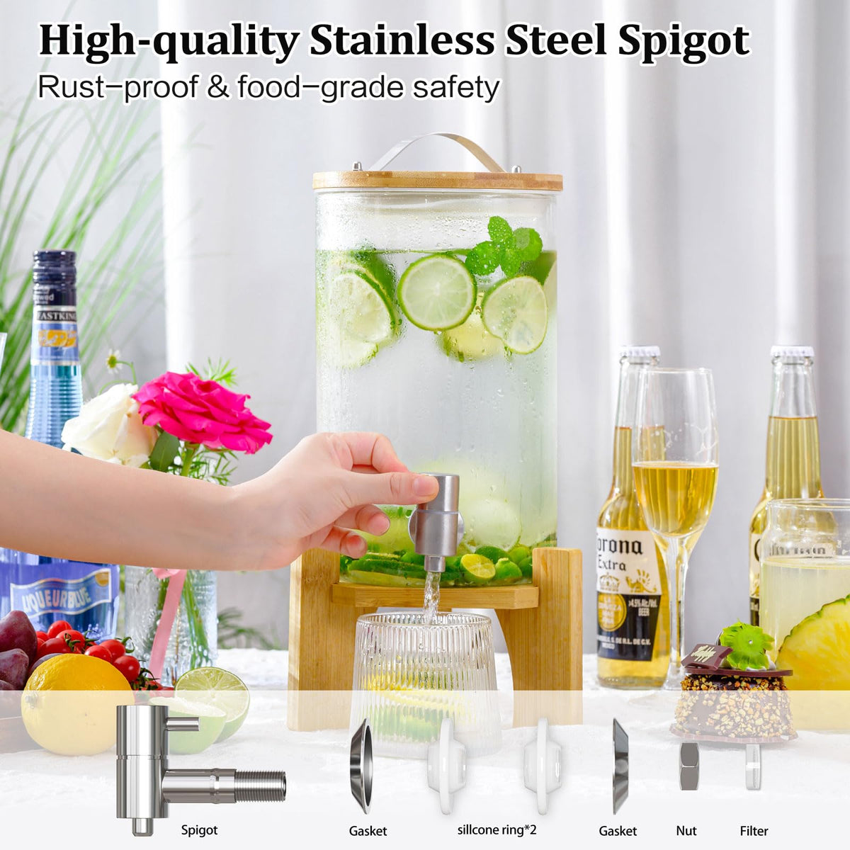 1.2 Gallon Glass Drink Dispenser with Stand and Spigot, 2 Pack I117
