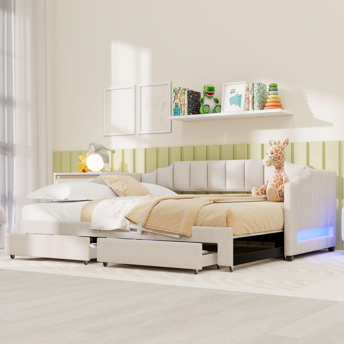 Linen Upholstered Daybed with Trundle and 2 Storage Drawers X34572