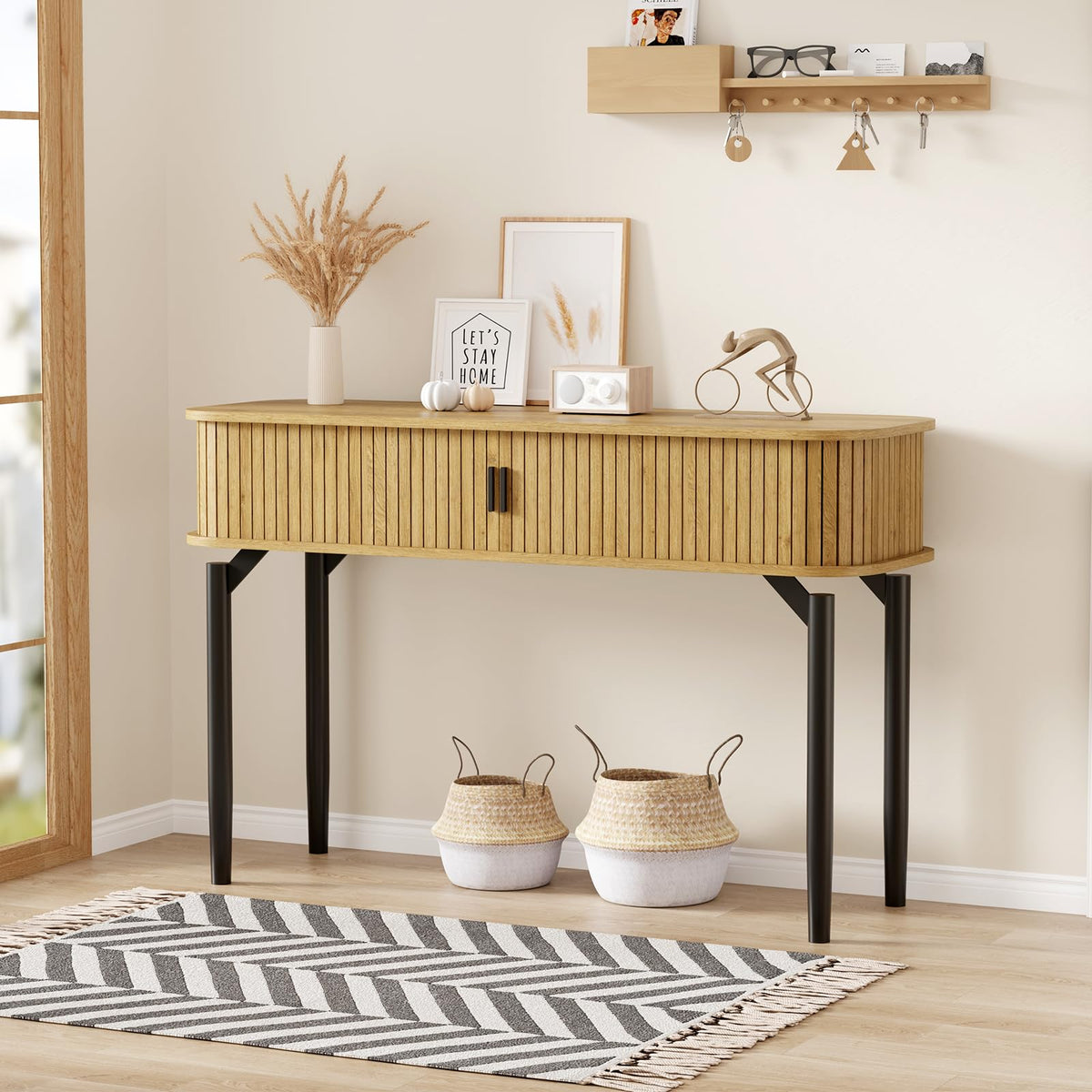 47" Fluted Narrow Console Table with 2 Drawers & Sliding Door F910