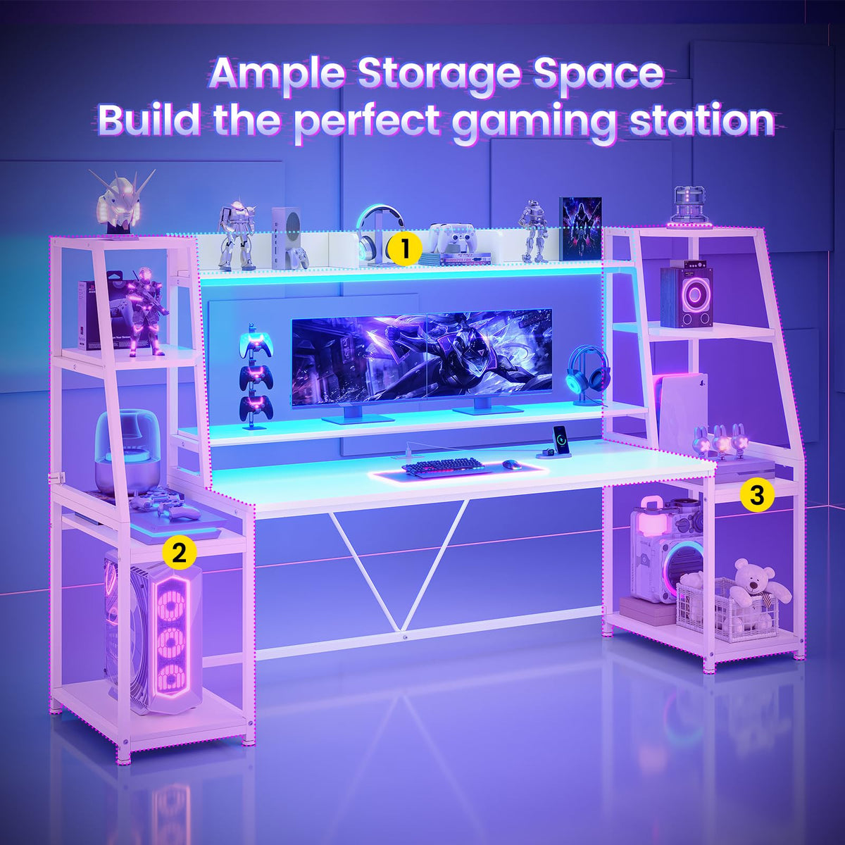 79'' White Gaming Desk with LED Lights and Storage Shelves A53628