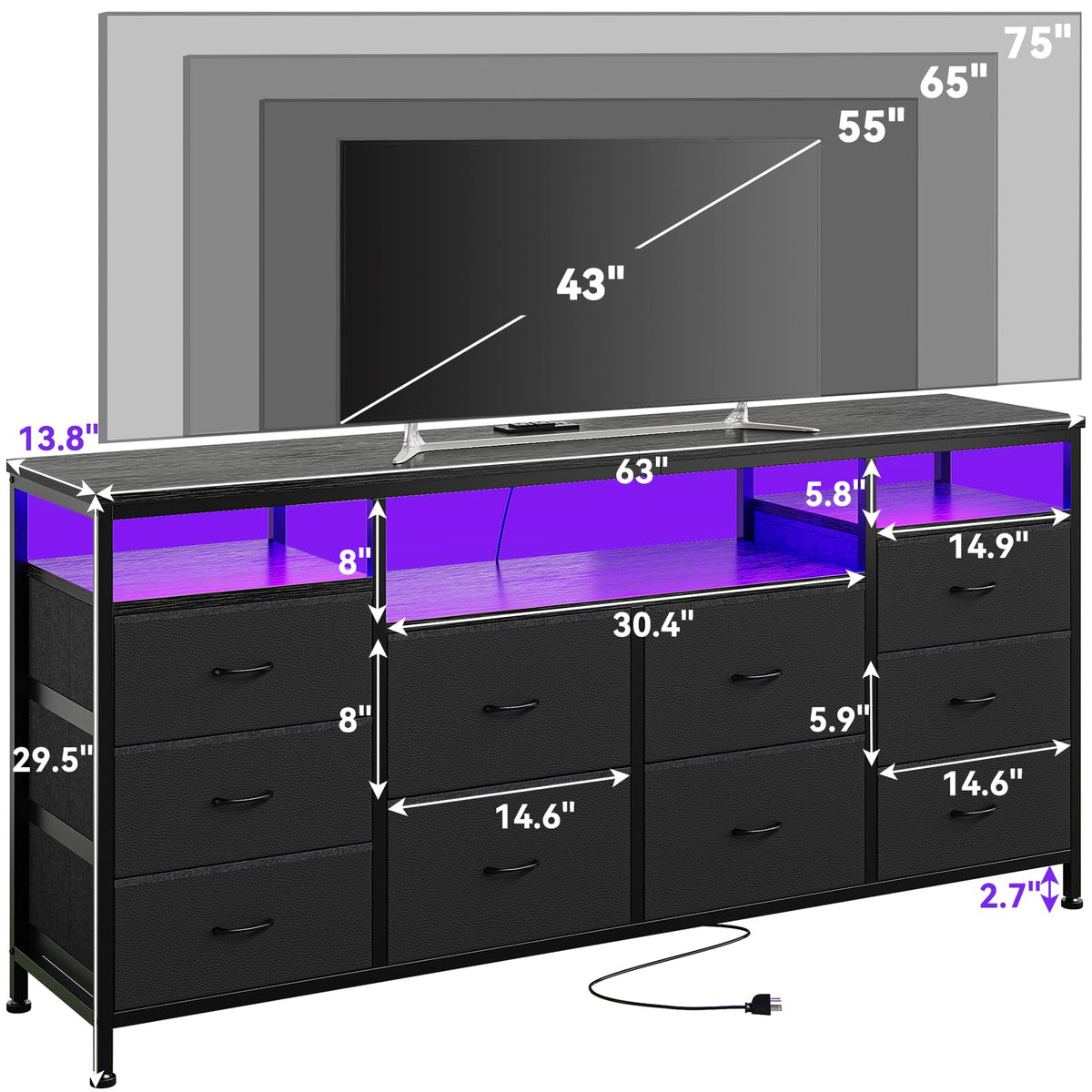 Black 10 Drawer Dresser TV Stand H7227