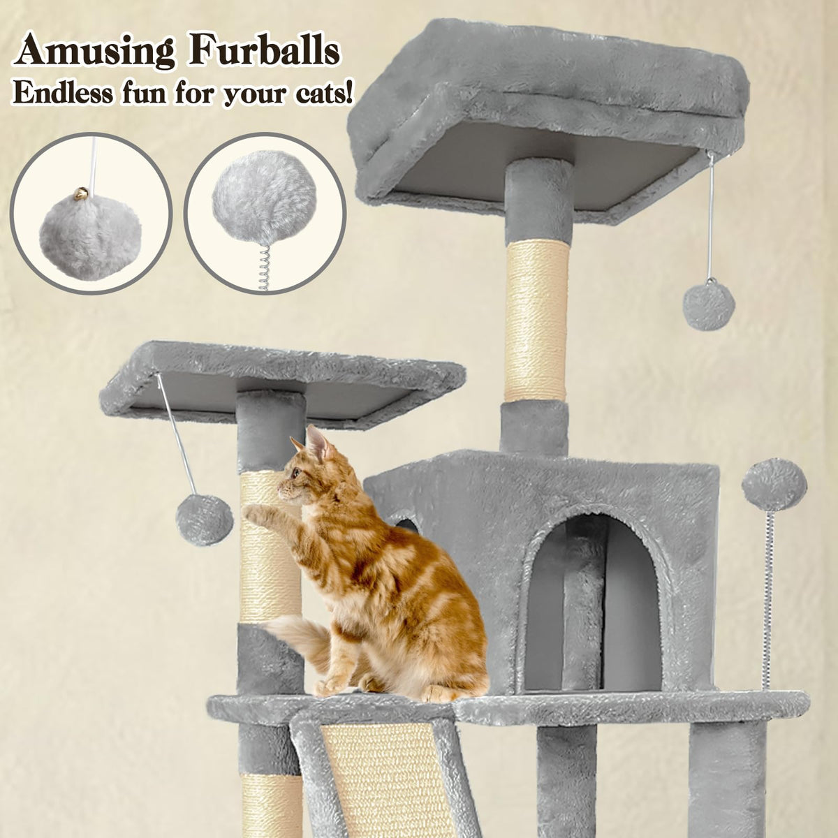 70" Light Gray Cat Tree Tower with Sisal Scratching Post K19352