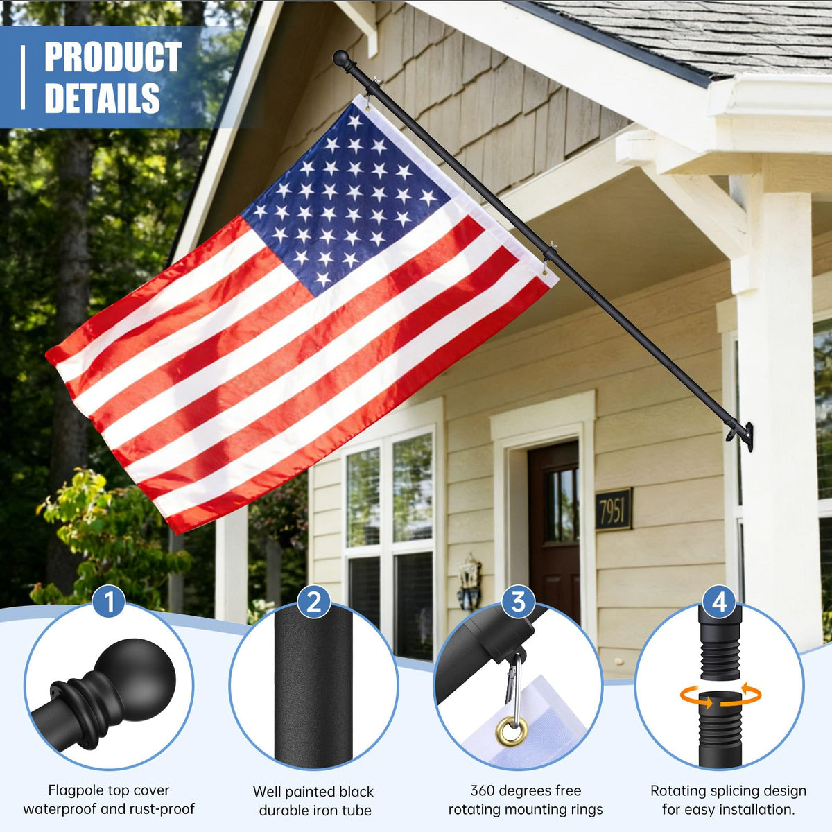 6FT Heavy Duty Tangle Free Steel Flag Pole Kit with 3x5 USA Flag A617