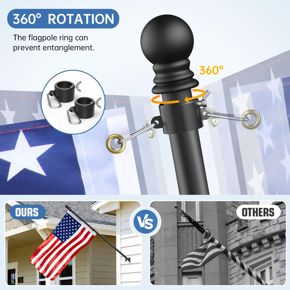 6FT Heavy Duty Tangle Free Steel Flag Pole Kit with 3x5 USA Flag A617