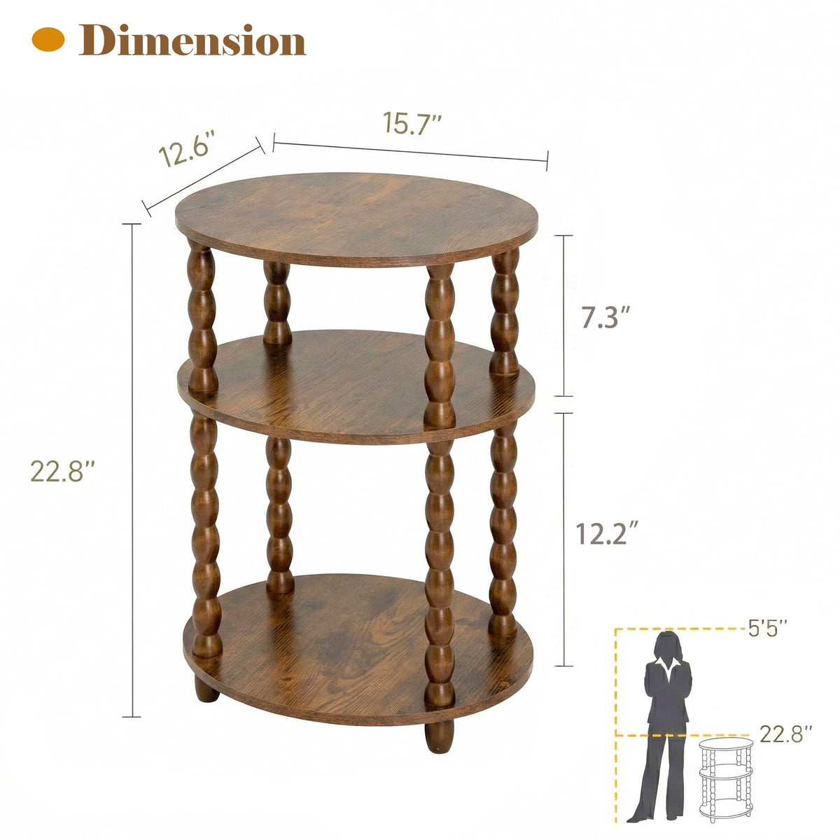 3-Tier Oval Side Table with Solid Wood Spindle Legs Z138578