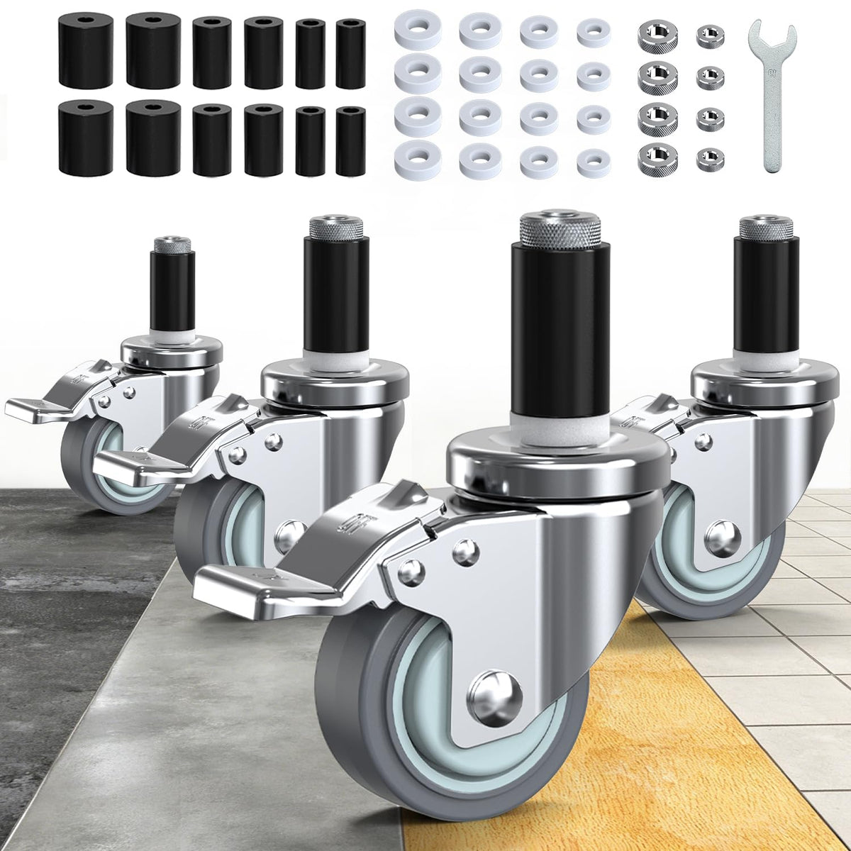 3 Inch Expanding Stem Locking Swivel Casters Set of 4 F593397