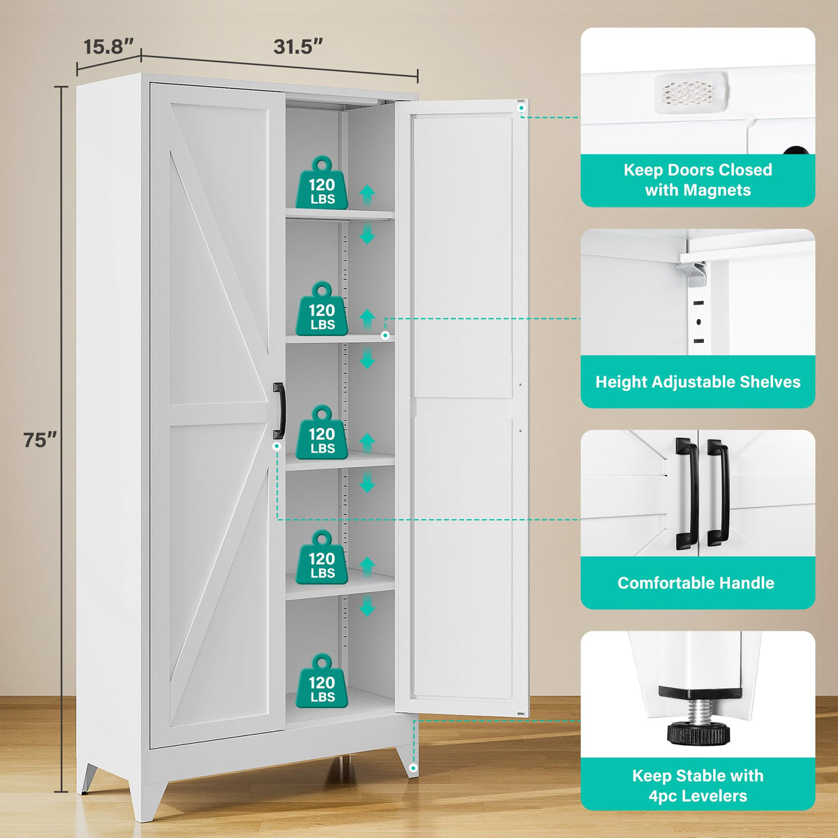 75" Tall White Metal Pantry Cabinet with 2 Doors and 5 Shelves H821725