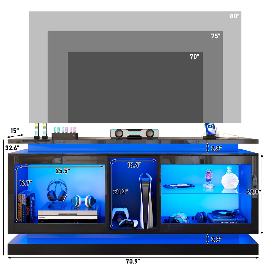 70" TV Stand with LED Lights and Power Outlets, Black J85739