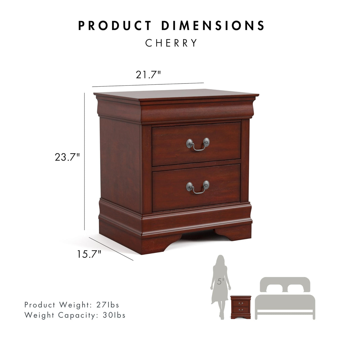 Solid Wood Nightstand with Drawers and Antique Nickle Handles B9479