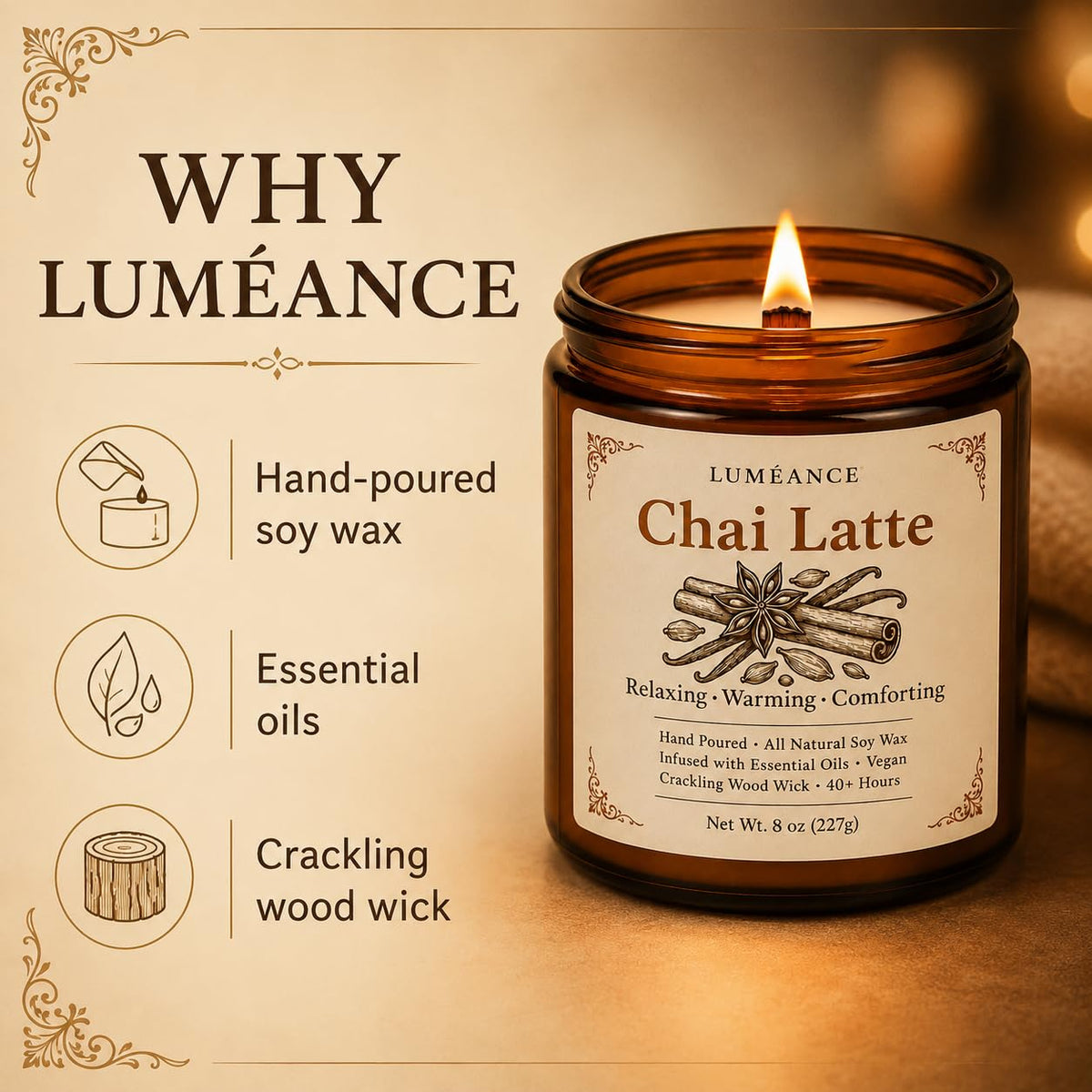 Chai Latte Scented Candle, 8 oz, Soy Wax, Crackling Wood Wick I6376