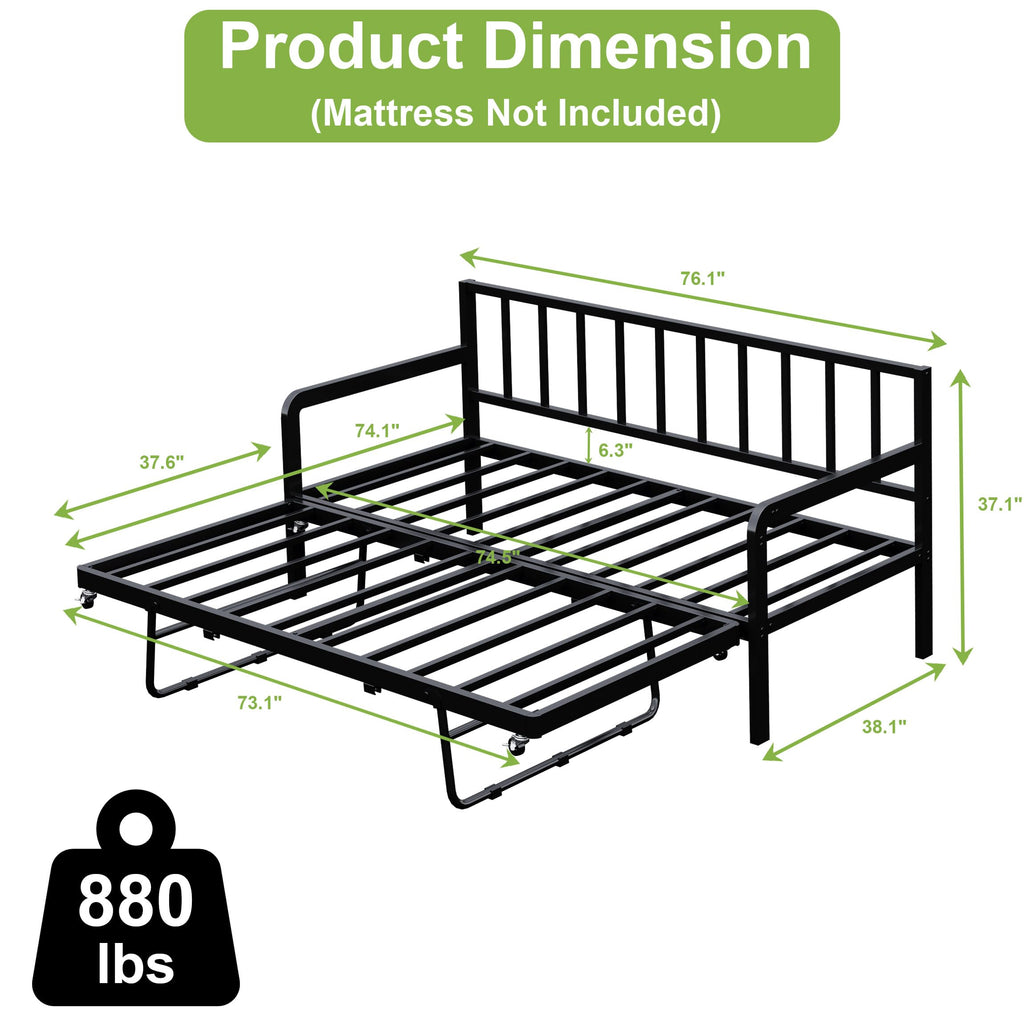 Twin Daybed with Pop Up Trundle, Metal Steel Slats, Black Y252162