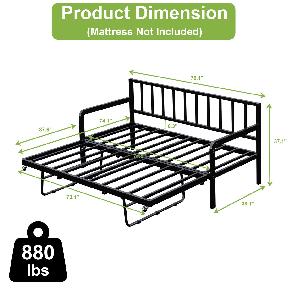 Twin Daybed with Pop Up Trundle, Metal Steel Slats, Black Y252162