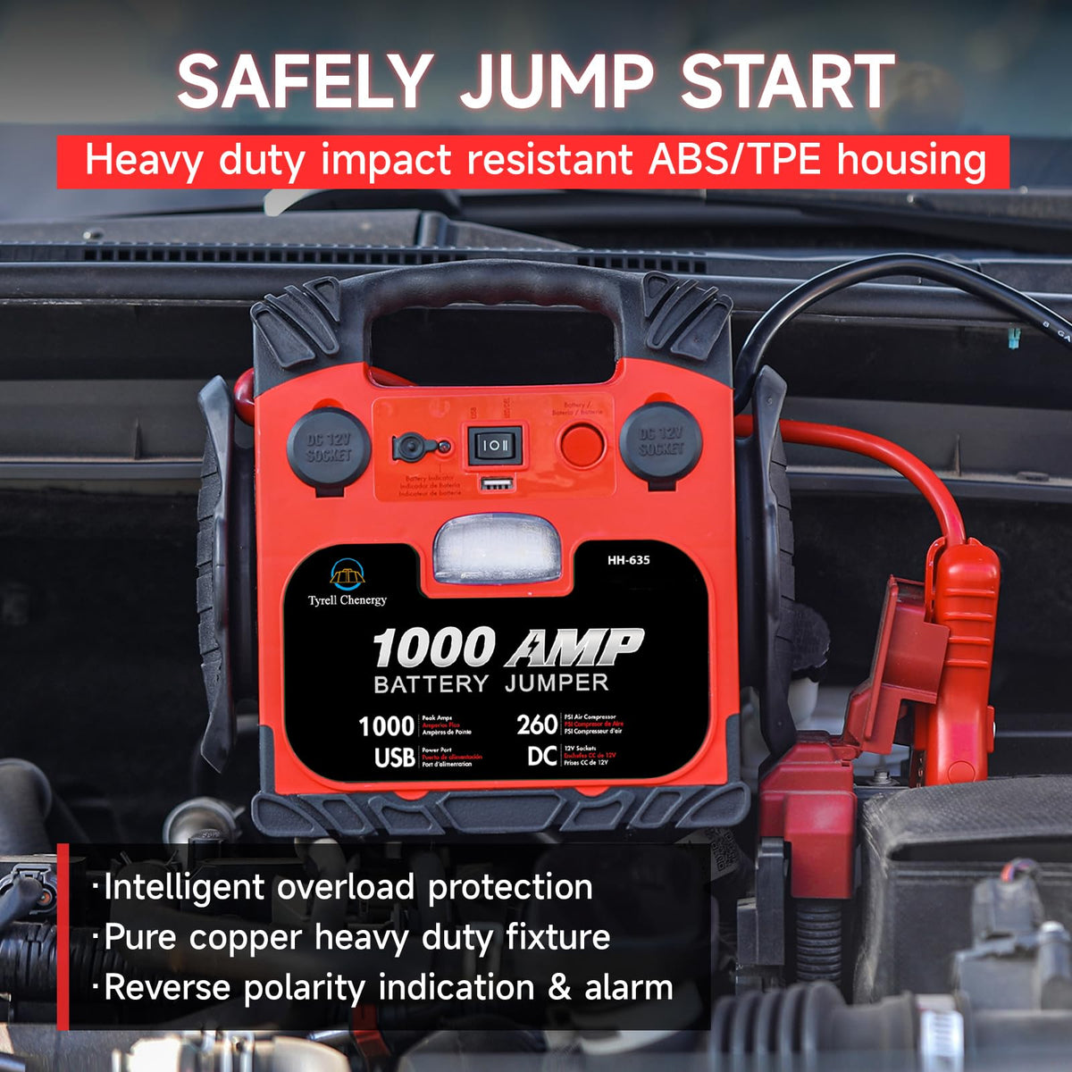 Portable Car Battery Jump Starter with Air Compressor 260PSI 1000Amp Y15194