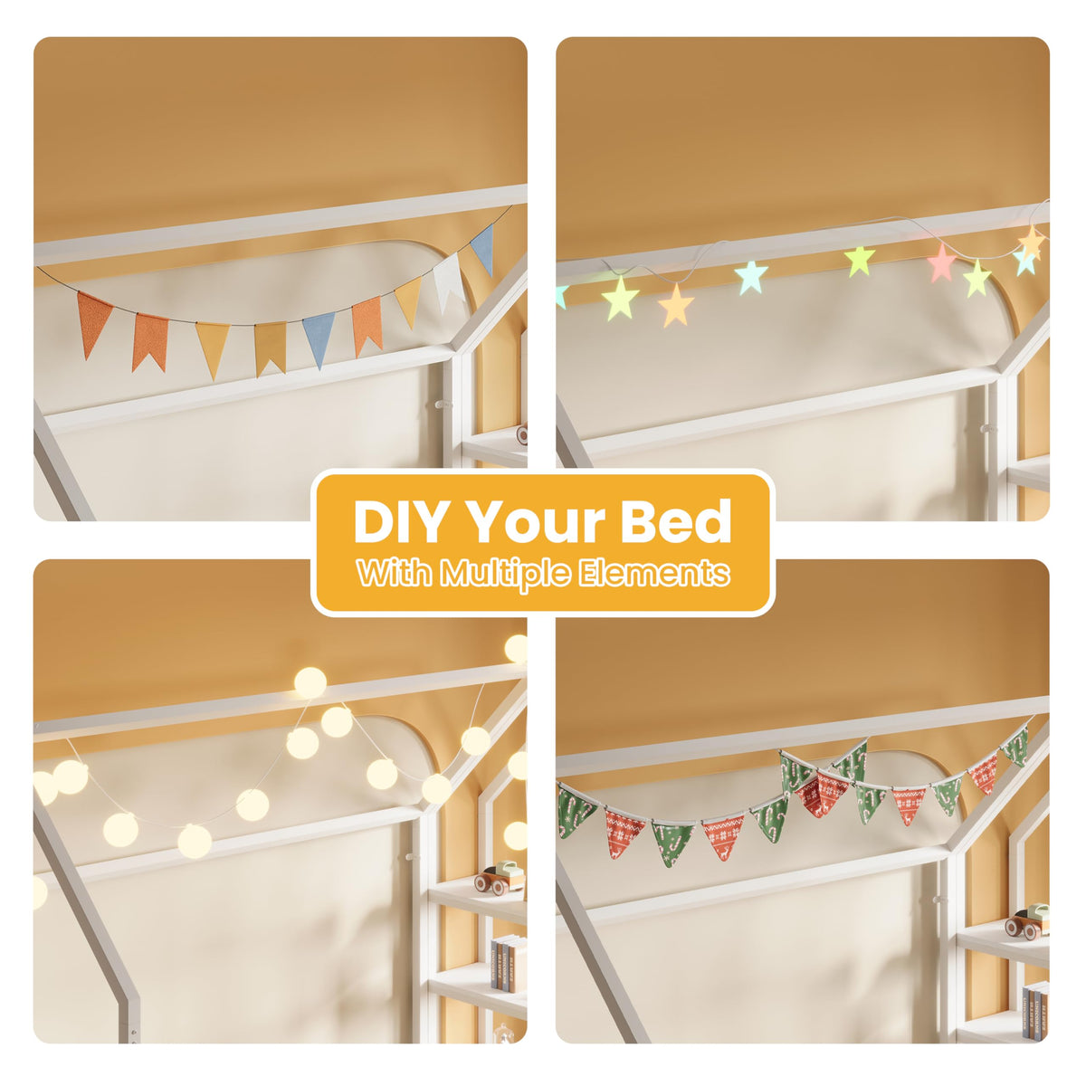 Twin White Metal Floor Bed with 3-Tier Shelves X36488