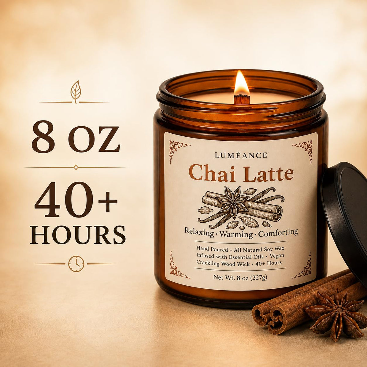 Chai Latte Scented Candle, 8 oz, Soy Wax, Crackling Wood Wick I6376