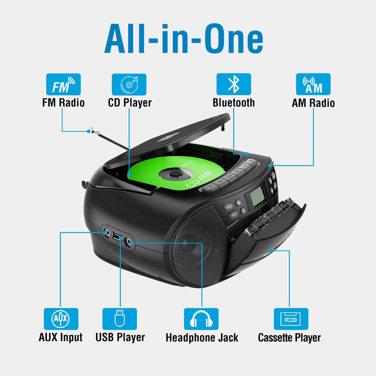 Portable CD Cassette Player Boombox with Bluetooth AM/FM Radio S432