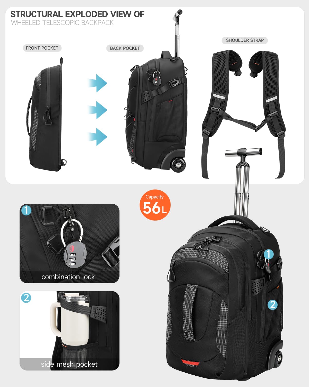 2-in-1 Detachable Backpack with Wheels U987744