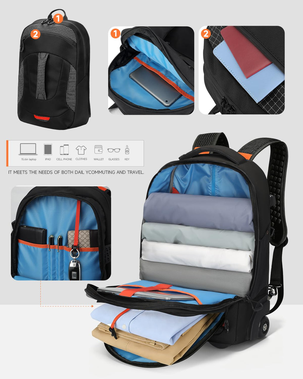 2-in-1 Detachable Backpack with Wheels U987744