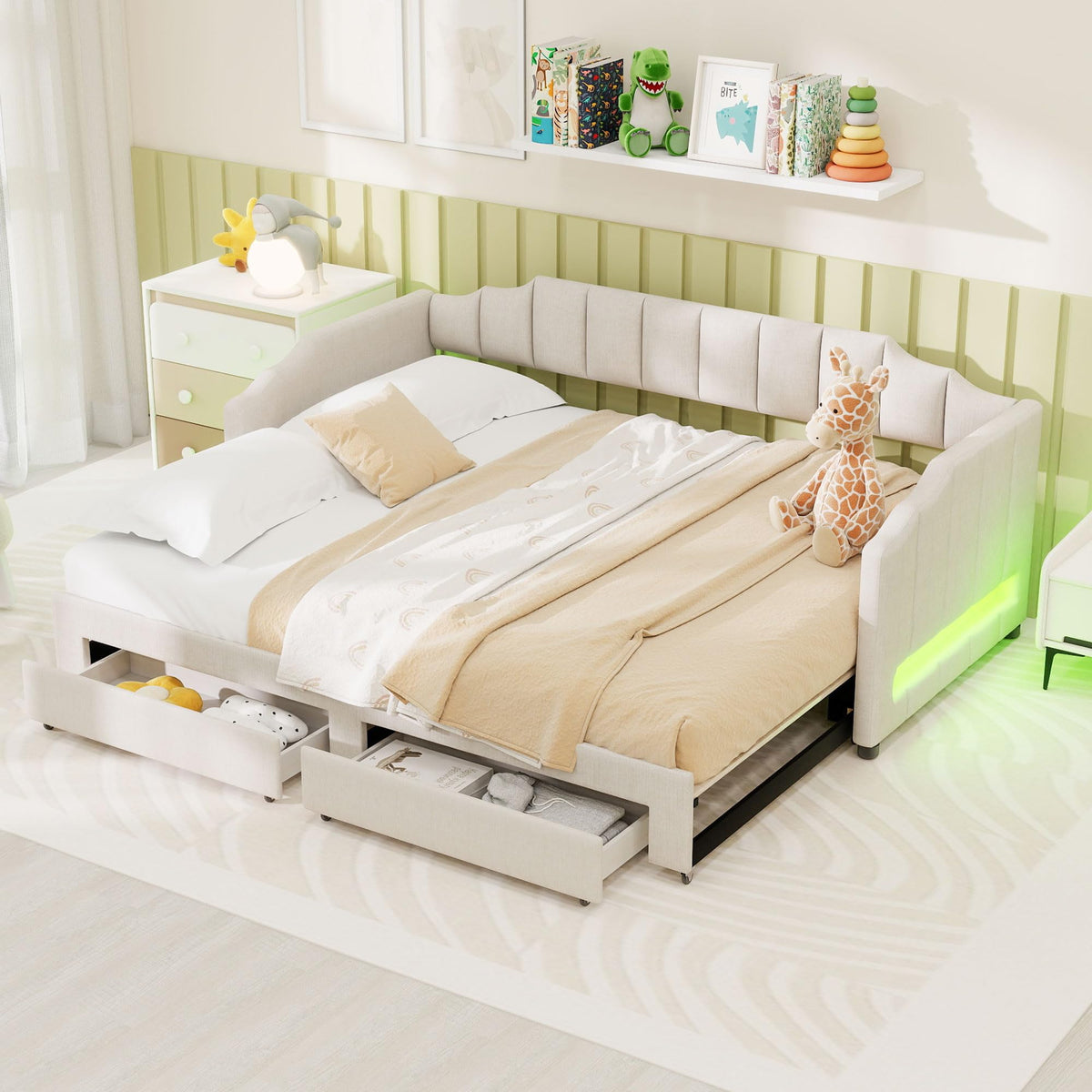 Linen Upholstered Daybed with Trundle and 2 Storage Drawers X34572