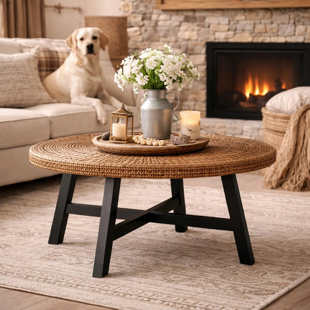 32 Inch Round Handwoven Seagrass Coffee Table with Pine Wood X Base P2482