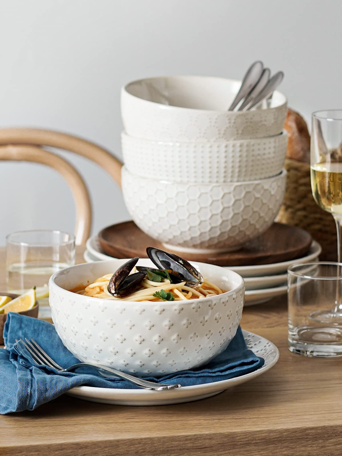 Ceramic Soup Bowl Set, 42 OZ, 7 Inch, Set of 4, Arctic White H178