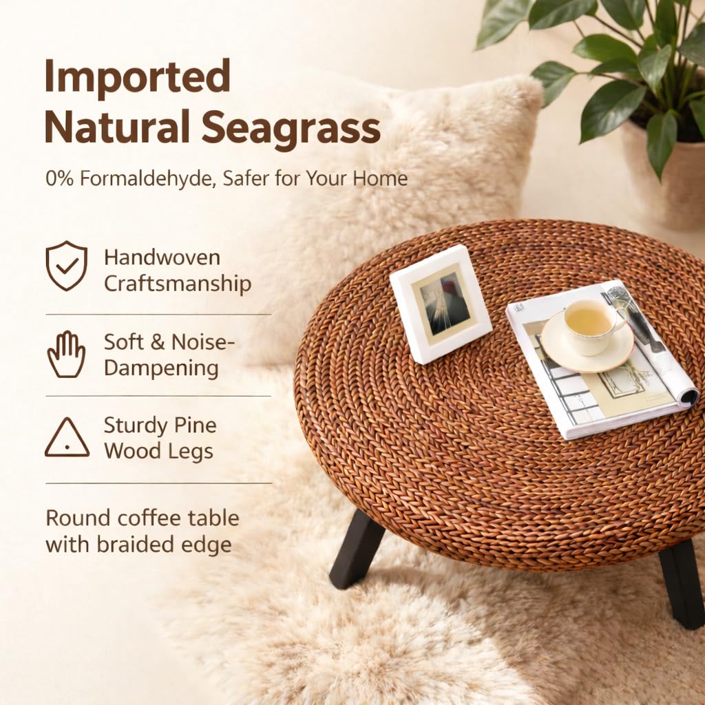 32 Inch Round Handwoven Seagrass Coffee Table with Pine Wood X Base P2482