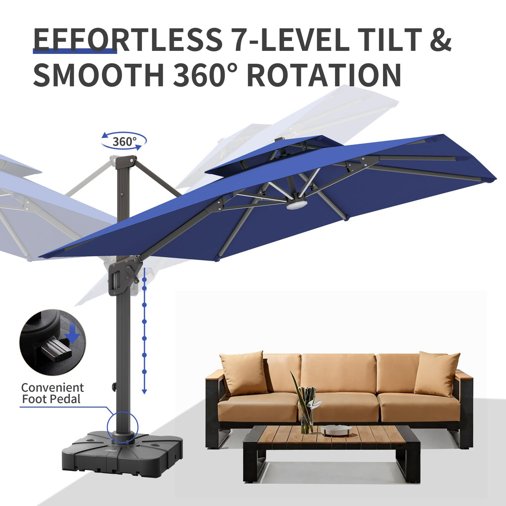 10 X 13 FT Cantilever Patio Umbrella with Base & Lights D4162