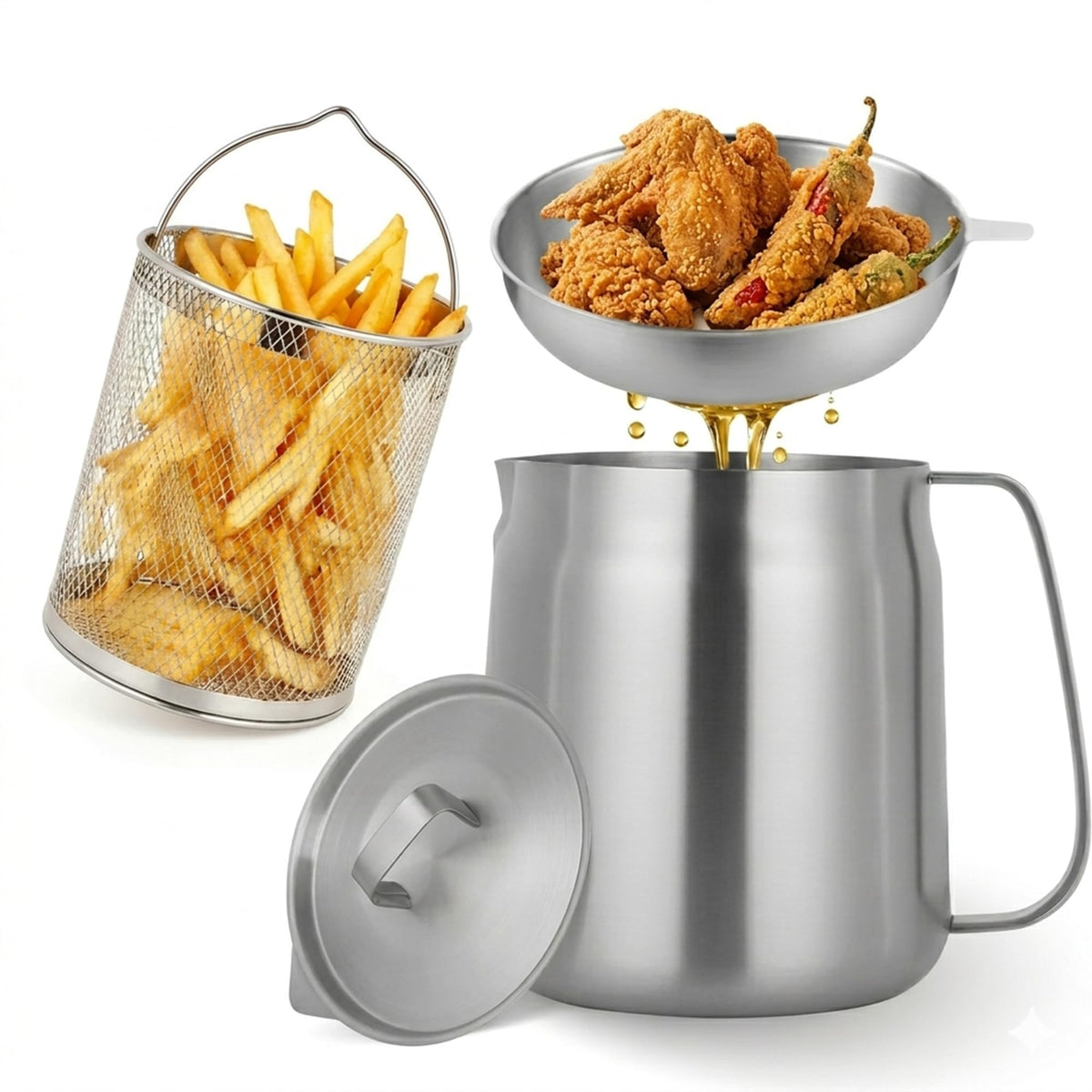 68oz Stainless Steel Oil Filter Pot with Fryer Basket D397