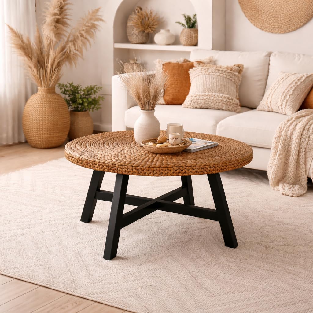 32 Inch Round Handwoven Seagrass Coffee Table with Pine Wood X Base P2482