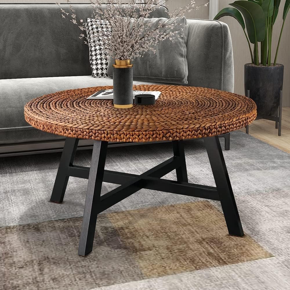 32 Inch Round Handwoven Seagrass Coffee Table with Pine Wood X Base P2482