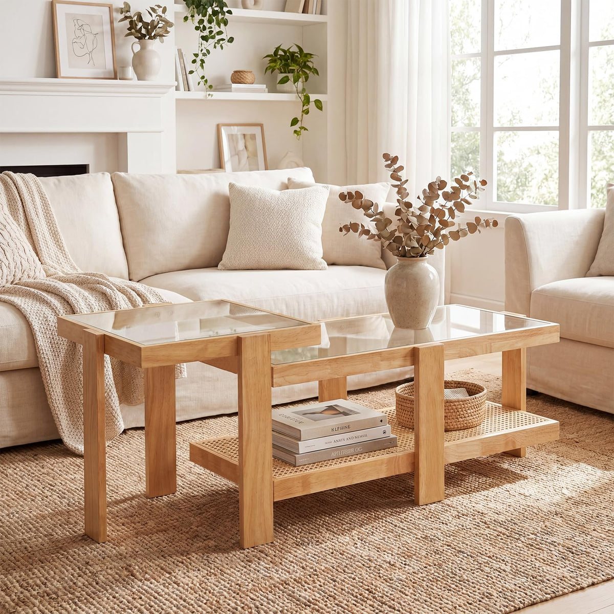 Nesting Coffee Table Set of 2 Rattan Tempered Glass P48847