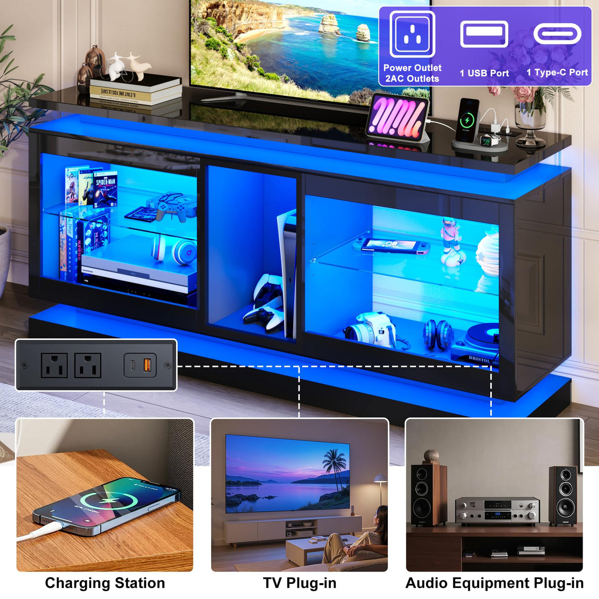 70" TV Stand with LED Lights and Power Outlets, Black J85739